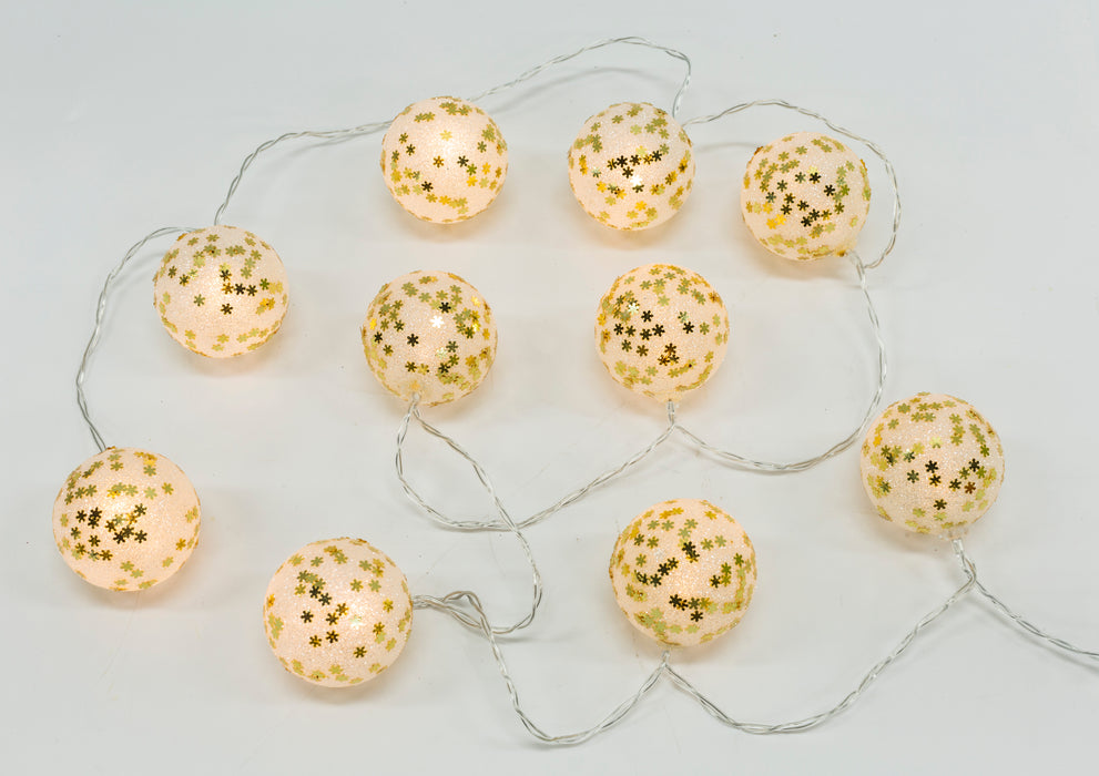 LED Liechterkette mit 10 LED Glitter auf weissen Kugeln mit goldigen Schneeflocken 2er Set