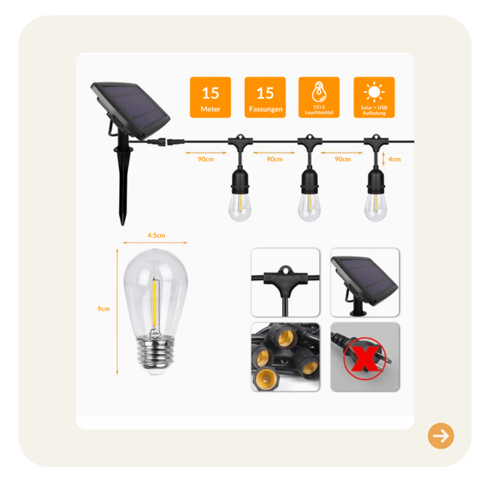 Solar Lichterkette Outdoor 15m mit 15 klaren Leuchtmittel S14