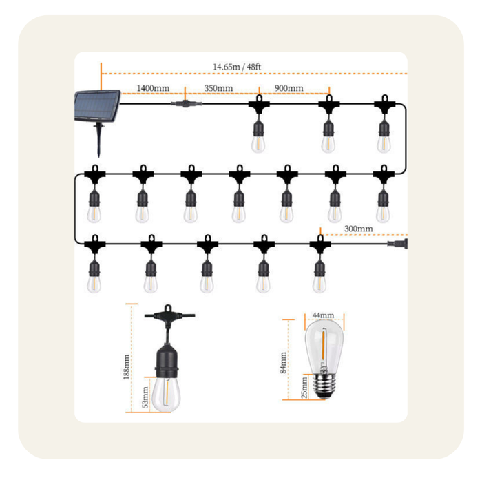 Solar Lichterkette Outdoor 15m mit 15 klaren Leuchtmittel S14