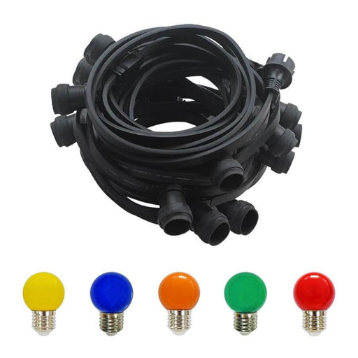 Lichterkette 10m schwarz verlängerbar mit 10 farbigen Leuchtmittel G45 - Lichterketten Shop